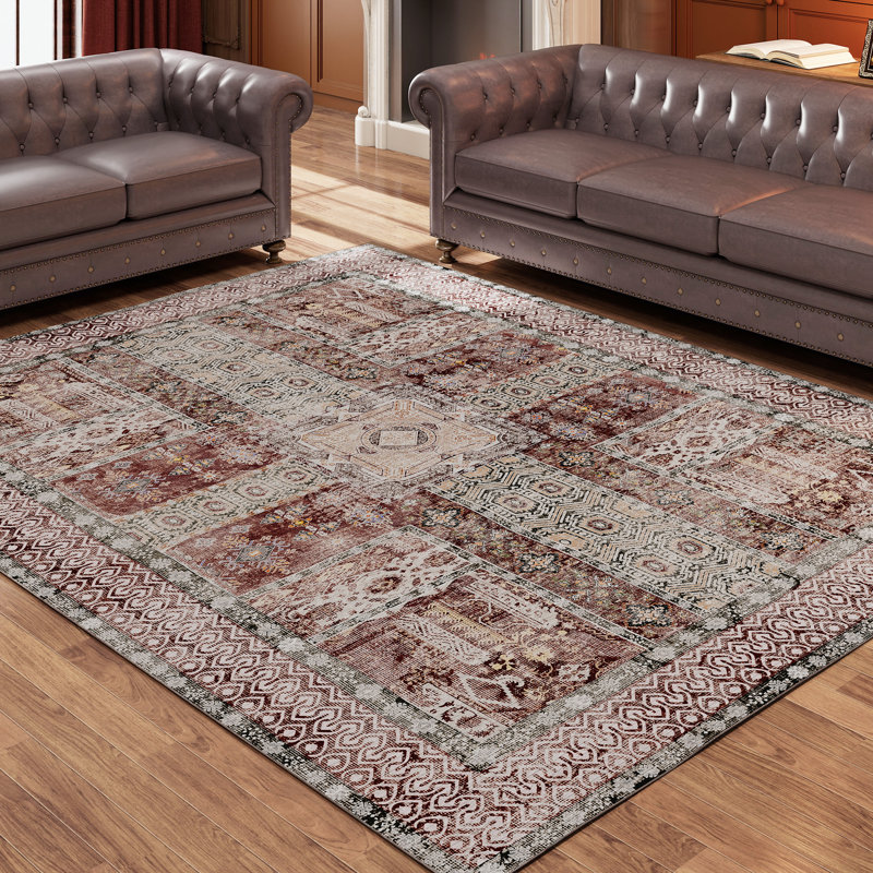 Living Room Rug 8x10 ft Rust Red Area Rug Machine Washable Rug, Non Slip Vintage Rug Stain Resistant Indoor Large Carpet for Bedroom, Boho Rug, Distressed Retro Floor Rug for Classroom, Dorm, Dining Room
