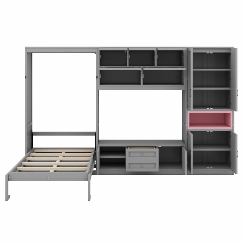 Lit escamotable simple en bois avec meuble télé, 2 tiroirs, tablettes intégrées et armoires, Gris