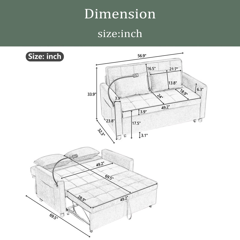 56.9" Loveseat Sofa Pull-Out Sofa Bed Sleeper Sofa With A Reversible Backrest Cushion, Side Pockets, Two USB Ports And A Phone Holder For Living Room