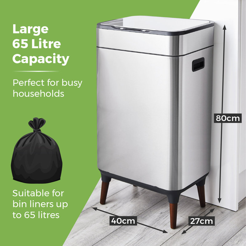 Tower Ozone Sensor Bin with Legs, Large 65L, Hands Free Opening, Carbon Filter, Stainless Steel