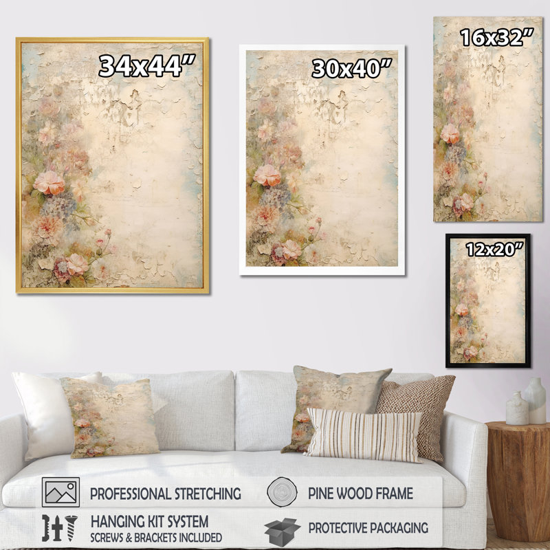 Bouquet rustique de roses roses, art mural - rose, H 32 po x l 24 po, Reproduction avec cadre flottant, Blanc