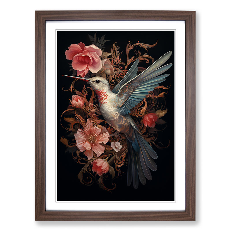 Hummingbird Baroque - Single Picture Frame Print on Wood, Walnut, 46cm H x 34cm W x 2cm D