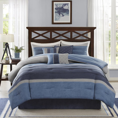 Ensemble d'édredon grand bleu gris, ensemble de literie moderne 7 pièces avec jupe de lit et coussins décoratifs, confort douillet toutes saisons