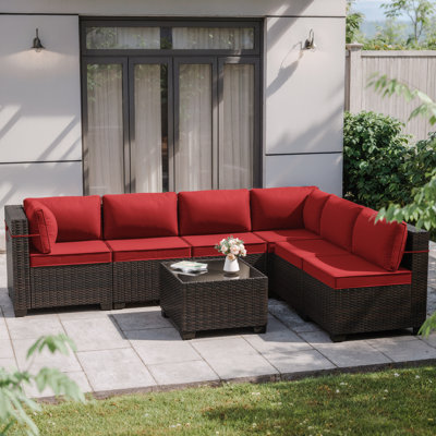 7-Piece L-Shaped All-Weather Wicker Sectional Sofa Set with Cushion and Coffee Table