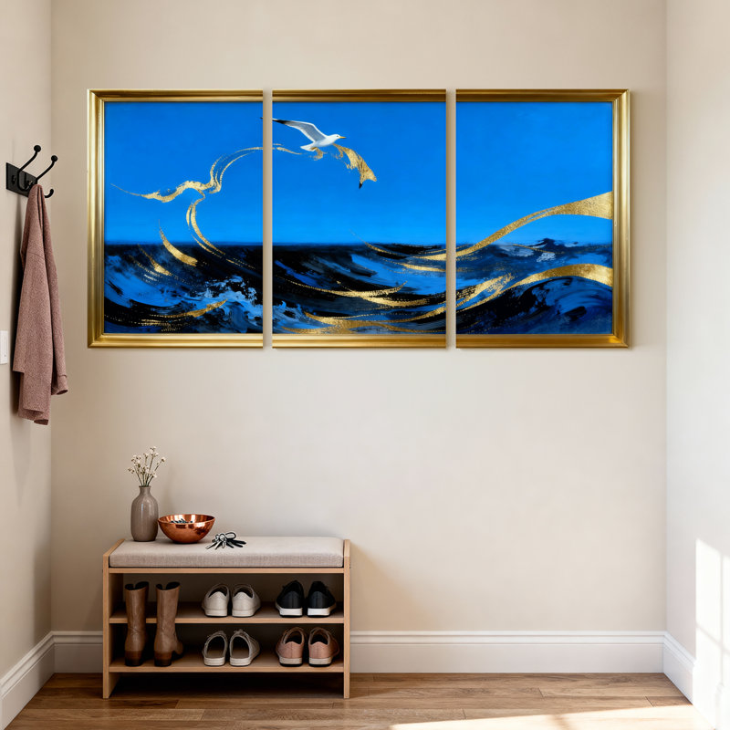 «Blue Sky Golden Waves Seagull», ensemble de 3 reproductions d'art sur toile, H 18 po x l 36 po