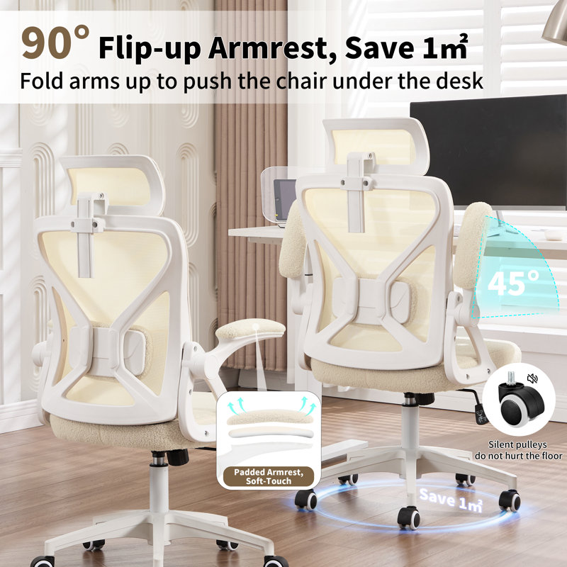 Ergonomic Office Chair,Ergonomic Desk Chair With Adjustable Lumbar Support,400 Lbs Mesh Computer Chair High Back With Adjustable Headrest For Office（Beige-Sherpa)