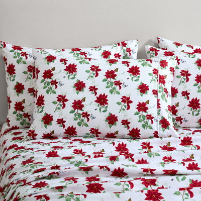 Lenox Printed 6-Piece Sheet Set, Soft & Cozy Bed Sheets, Stylish Prints, Easy Care, OEKO-TEX Certified, Butterfly Poinsettia, King