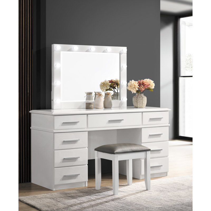 Vyara 9 - Drawer Vanity Desk with Lighted Mirror in Glossy White