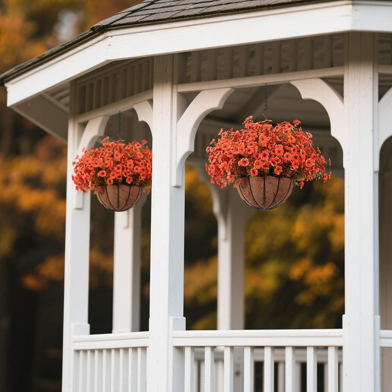 Ensemble de 2 jardinières suspendues avec 24 fleurs de maman artificielles - Orange