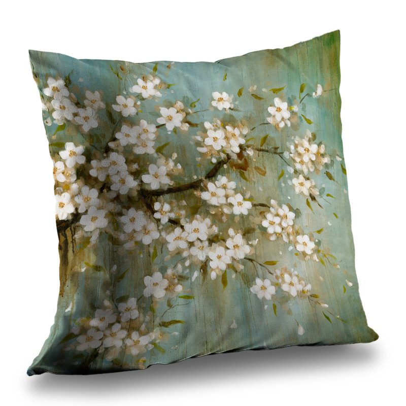 White Cherry Blossom - Turquoise Poly Twill Throw Pillow Insert