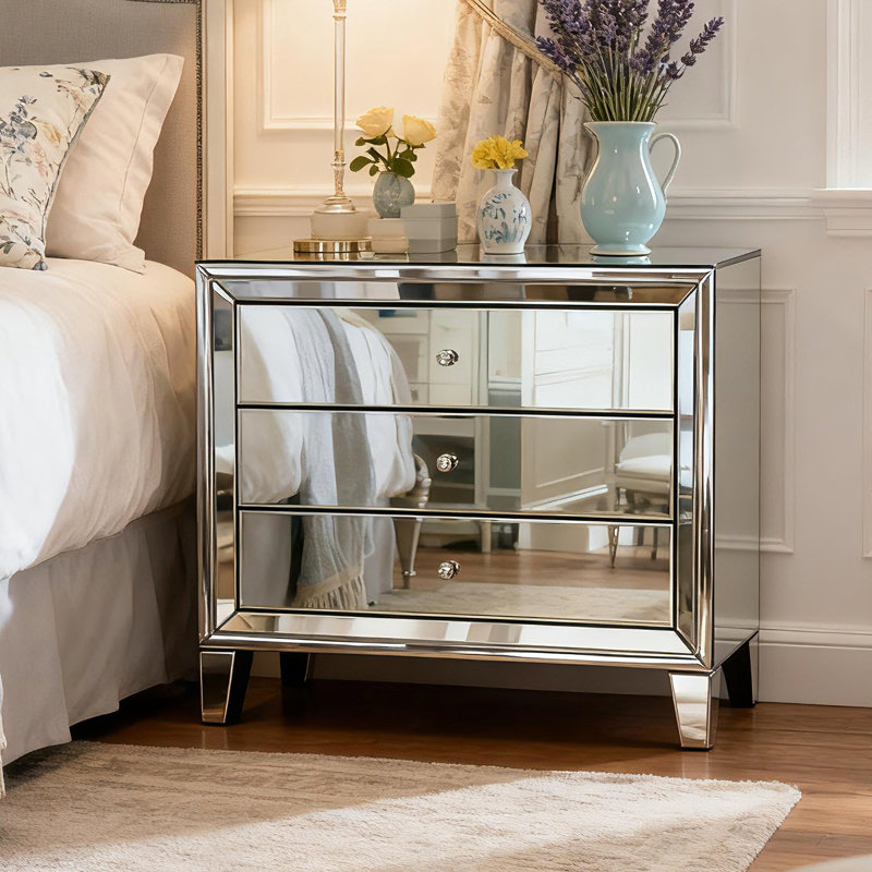 Ghita 80cm Extra Wide Modern Mirrored Glass Bedside Table 3 Drawer
