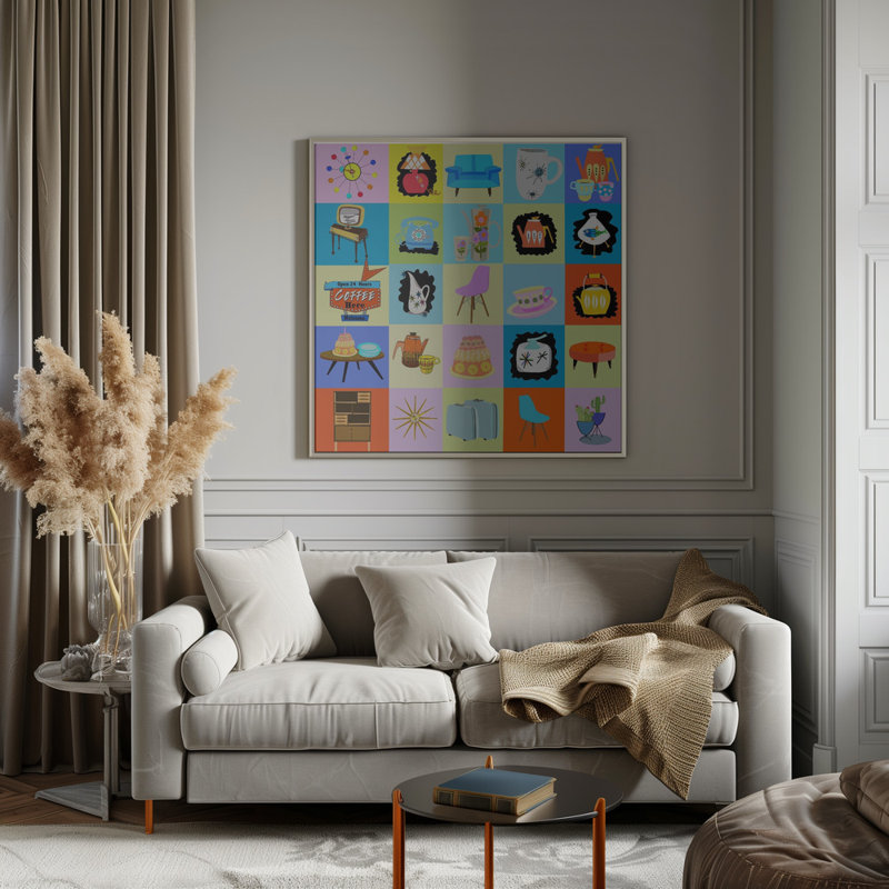 "Mid century pop", art mural texturé encadré, Or, H 12 po x l 12 po