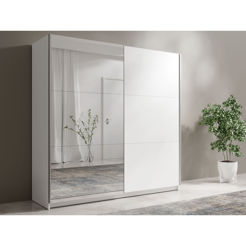 Two -door floating wardrobe with mirror, 207cm H x 151cm W x 62cm D, White