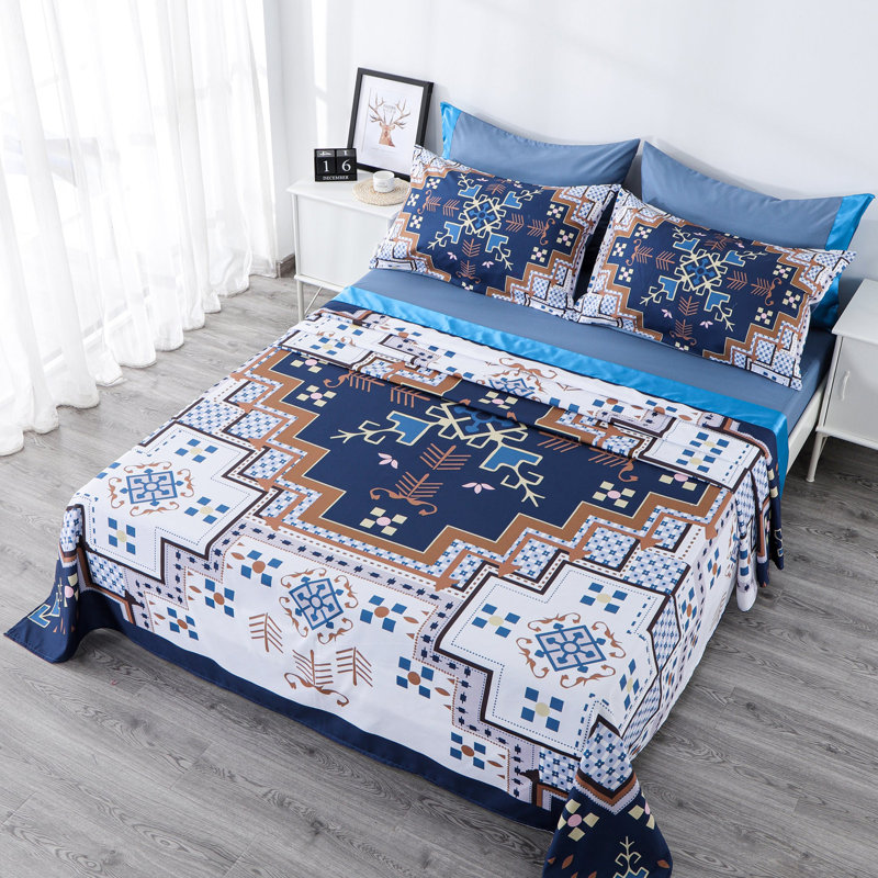 Ensemble de draps 6 pièces Polycotton, Courtepointe pour grand lit + 5 pièces supplémen, Bleu géométrique