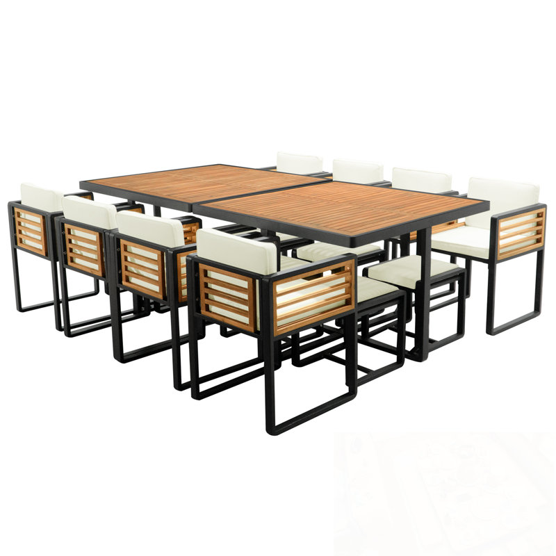 Ensemble de salle à manger 18 pièces avec 8 chaises rembourrées, 8 repose-pieds et 2 tables carrées, Beige