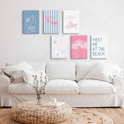 6 pièces bord de mer, toile de surf, art mural, coquillages de style BCBG, peinture, décoration murale, été, rencontre à la plage, reproduction d'art, affiche, salon, chambre à coucher