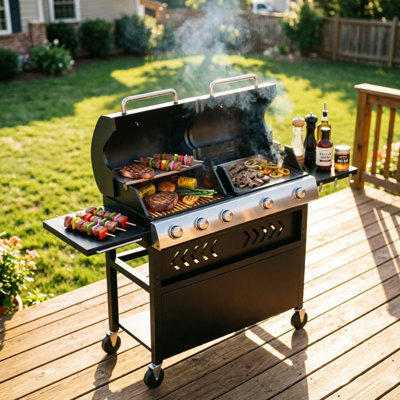 Propane Griddle Grill Combo with 5 Burners, 40000 BTU – Dual Lid Stainless Steel BBQ for Backyard, Deck, or Camping