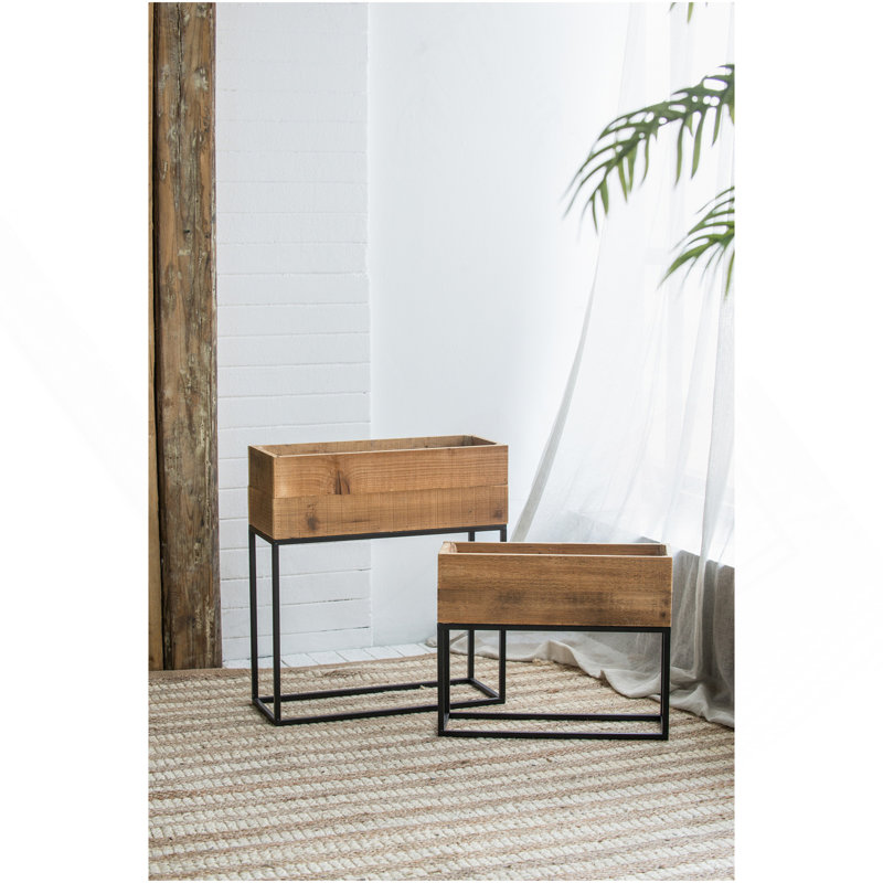 Ensemble de 2 boîtes en bois usagées avec support en fer noir