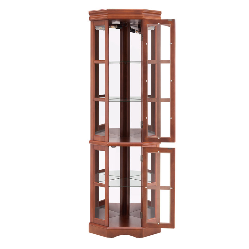 Vitrine d'angle avec 5 tablettes et éclairage, Noyer