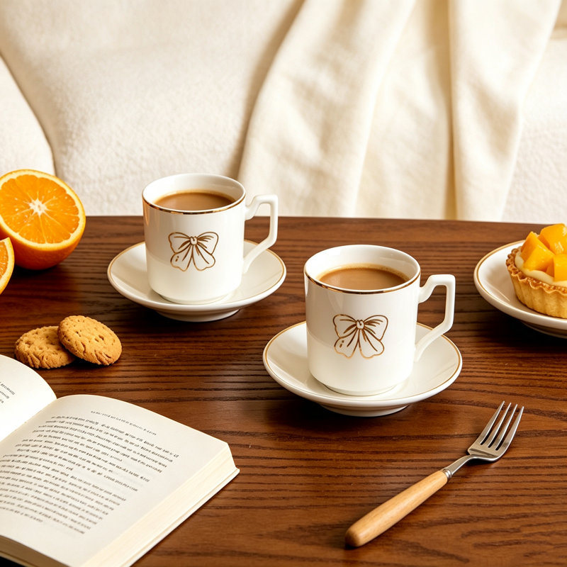 Tasse à thé en céramique 3,5 oz avec rebord doré et soucoupe (blanc) 3,5 oz