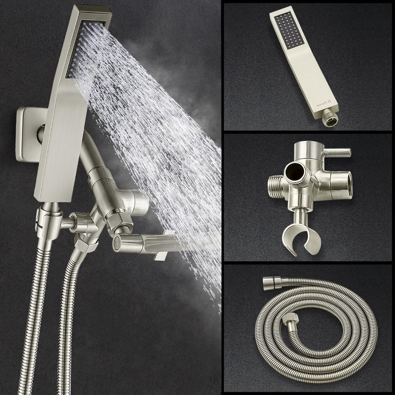 Brushed Nickel Dual Square Rain Shower Head with Handheld Wand