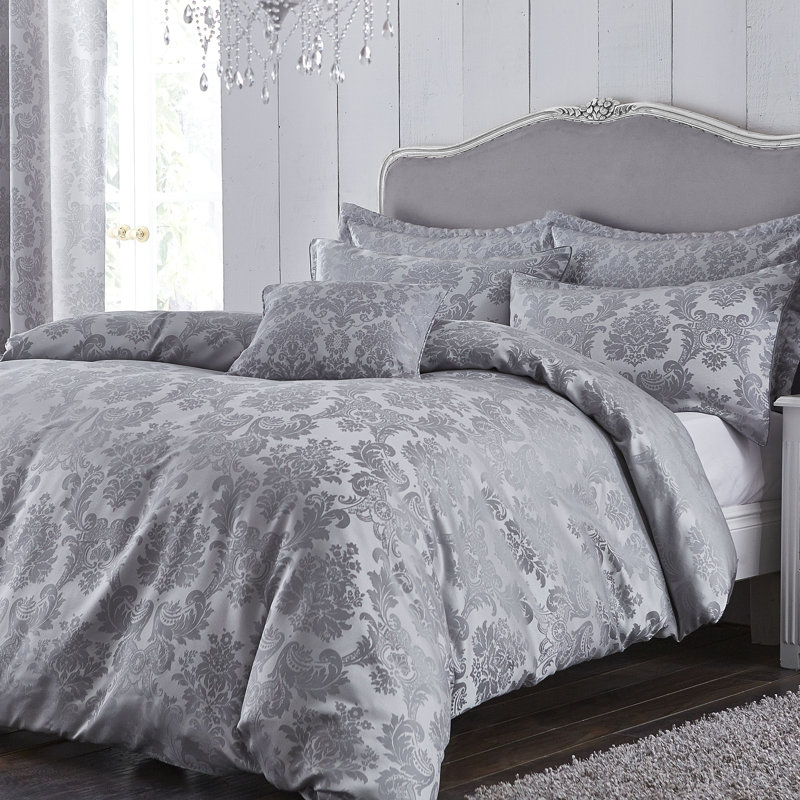 Damask Jacquard Duvet Cover Set with Pillowcases, Silver, Double Duvet Cover + 2 Standard Pillowcases
