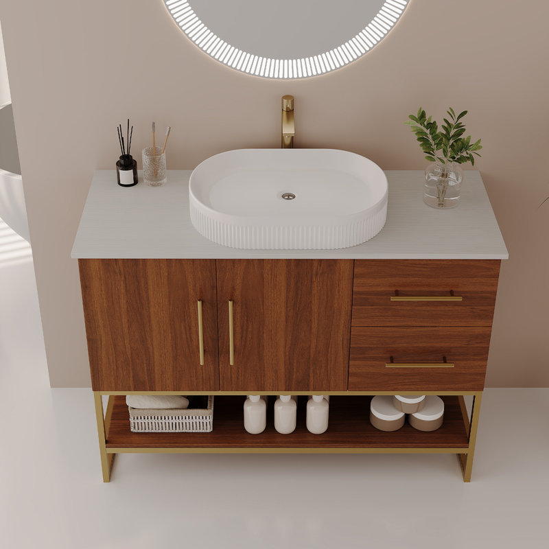 Meuble-lavabo moderne de 36 po avec lavabo vasque en céramique, armoire d'appoint dorée, Walnut