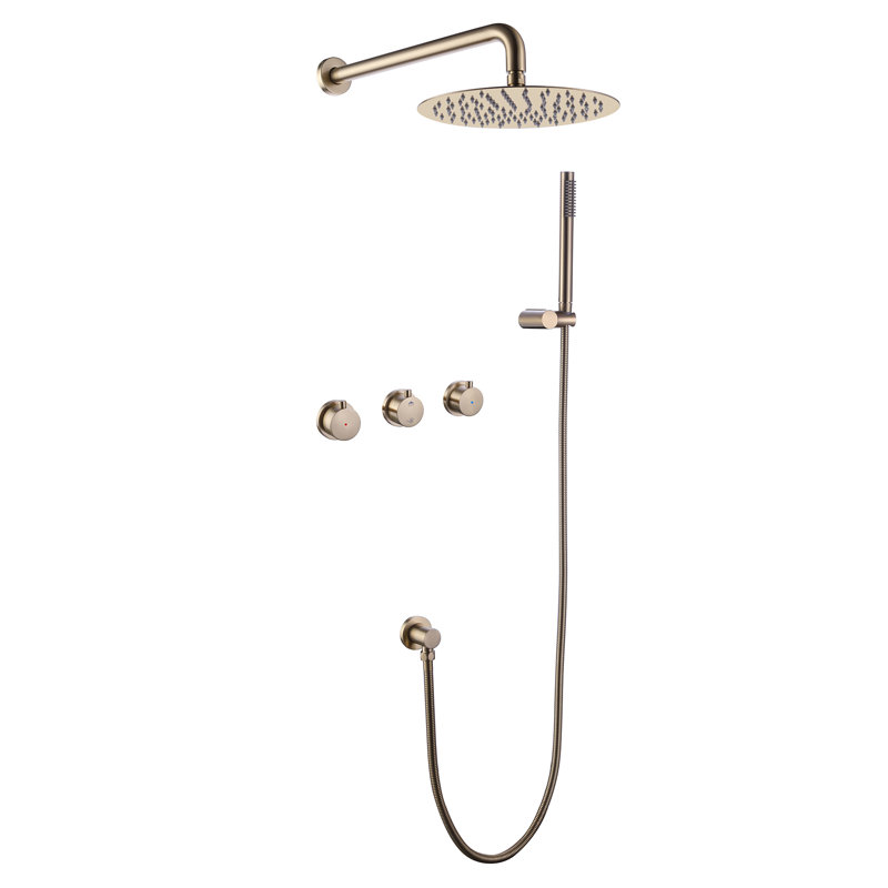 Rain Shower System Set 3 Cross Knobs Mixing, 10 Inch Rainfall Shower Head with Handheld Spray with Rough-in Valve, Gold