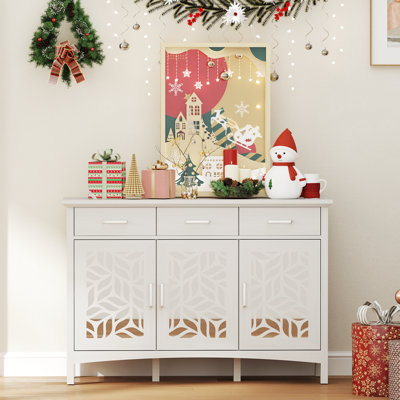45.2'' Wide Modern White Sideboard Buffet Cabinet With Carved Mirror Doors, 3 Drawers And Adjustable Shelves