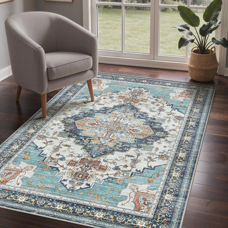 Oriental Area Rug, Vintage Low Pile Non-Slip Machine Washable Area Rug, Dark Green, Rectangle 120 x 170 cm