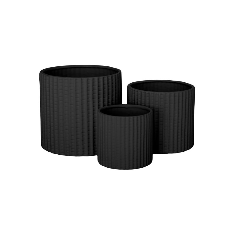 Ceramic Round Pot with Embossed Ribbed Pattern Set of Three Matte Finish Black..8.00"x8.00"x7.50"H; 6.75"x6.75"x6.00"H; 5.00"x5.00"x4.75"H