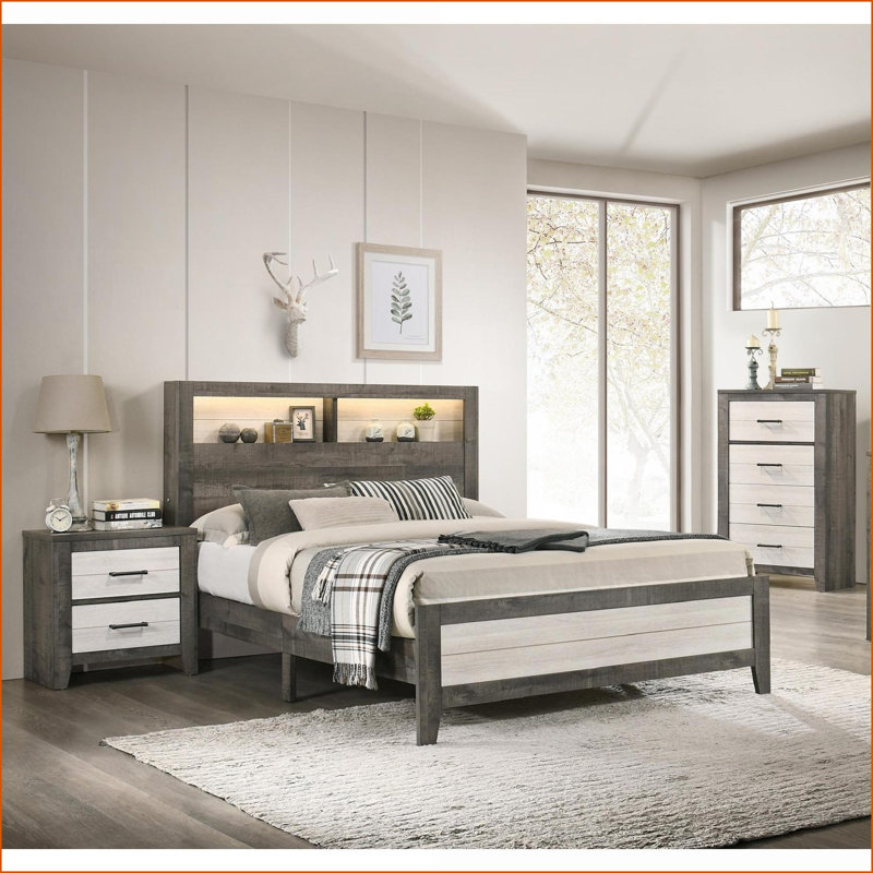 Table de chevet beige bicolore avec 2 tiroirs Farmhouse Poignées en métal