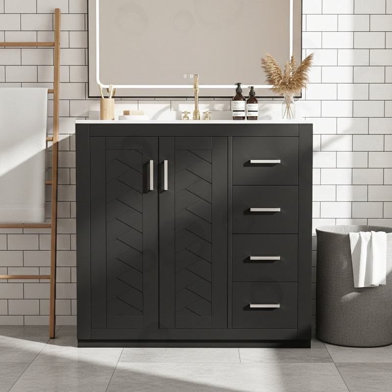 Bathroom Vanity with Ceramic Sink Combo, 3 Drawers, Black