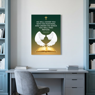 Psalm 91 4 Wings And Bible Canvas Wrapped Wall Art Religious Christian Inspirational Quote Print With Cross And Open Book Design For Home Church Or Bedroom Decor