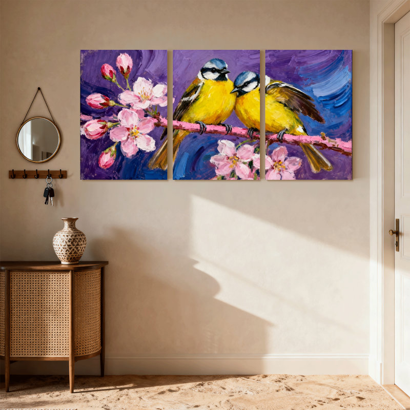 Oiseaux oiseaux perchés sur une branche de fleur, ensemble de 3 impressions sur toile, H 30 po x l 60 po
