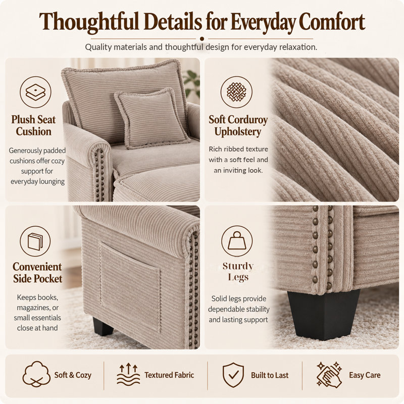 42-inch Nailhead Trim Sofa With Ottoman, Modern Corduroy Small Couch With Rolled Arms, Single Sofa Chaise Lounge For Living Room, Bedroom, Farmhouse Decor