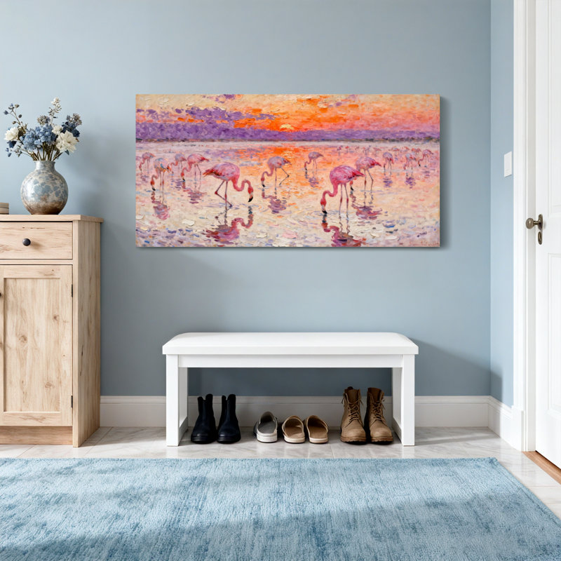 Animaux flamants roses au coucher du soleil, H 16 po x l 32 po