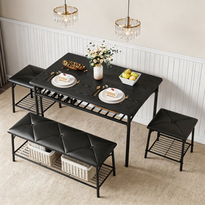 Ensemble de table de salle à manger moderne pour 4 personnes, table de cuisine avec banc rembourré et tabourets carrés, plateau en bois et structure en métal, ensemble de salle à manger avec rangement compact (noir)