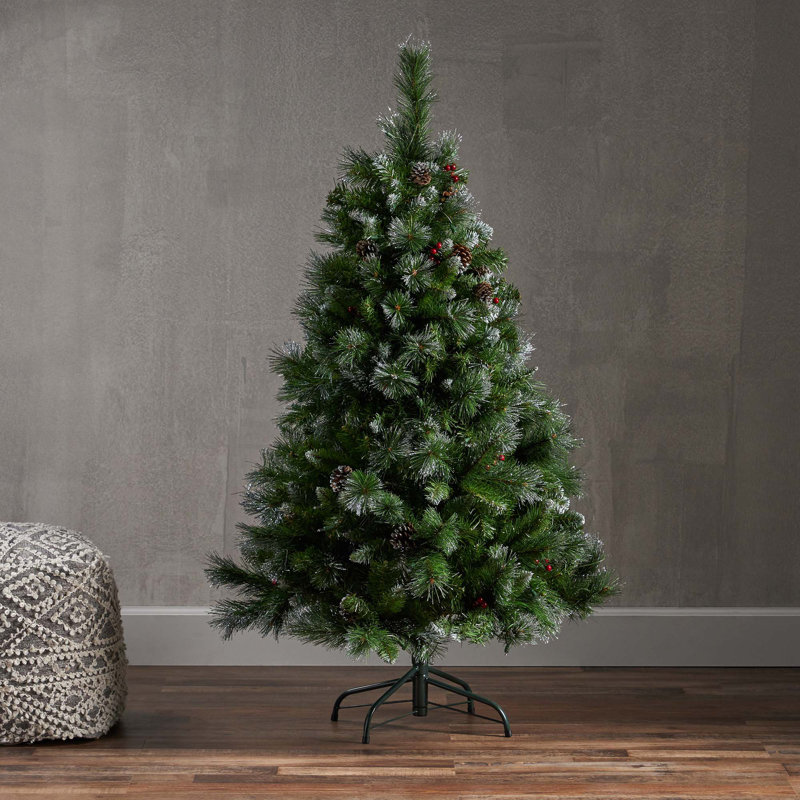 Arbre de Noël articulé à poils 4,5 pi avec baies rouges, pommes de pin, 200 CL et 407 pointes