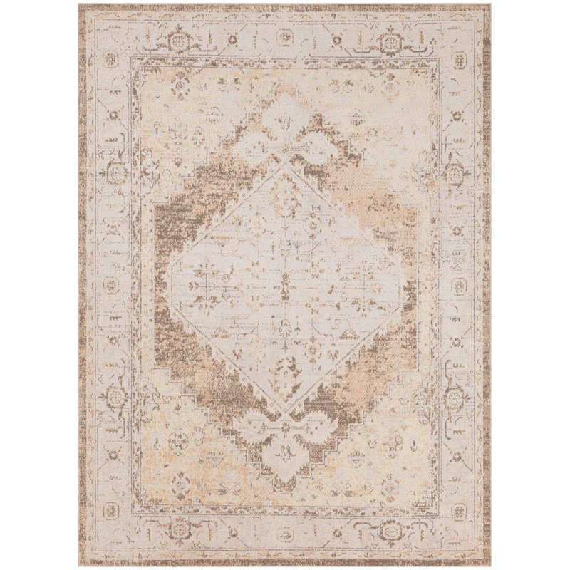 Haydel Oriental Machine Washable Power Loom Polyester Area Rug in Beige, Rectangle 4' x 6'