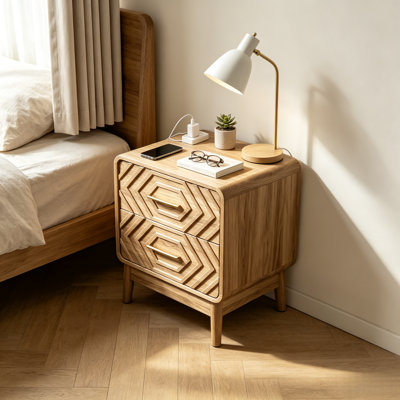 Table de chevet bohème à 2 tiroirs en bois sculpté, table de chevet moderne du milieu du siècle avec poignées en métal doré, table d'appoint en bois pour chambre à coucher