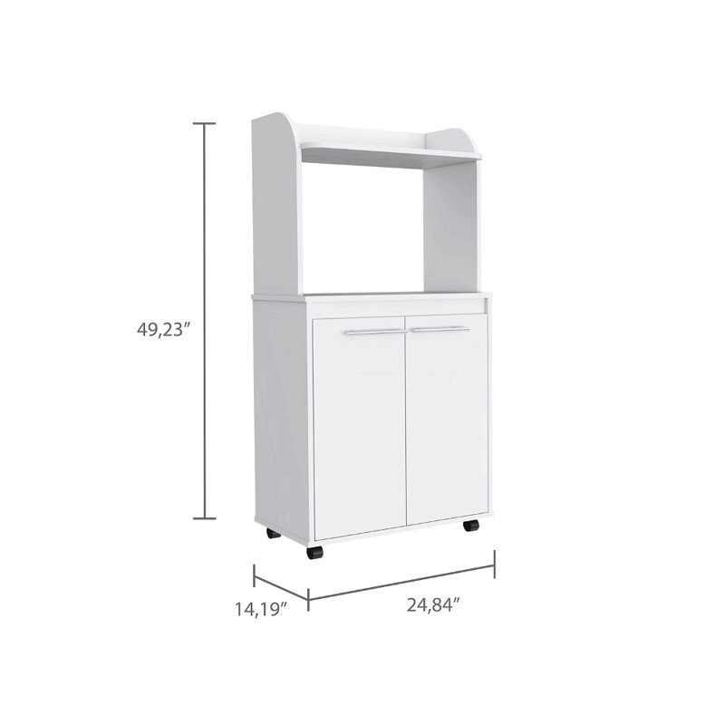 Kira Kitchen Kart, Double Door Cabinet, One Open Shelf, Two Interior Shelves -White