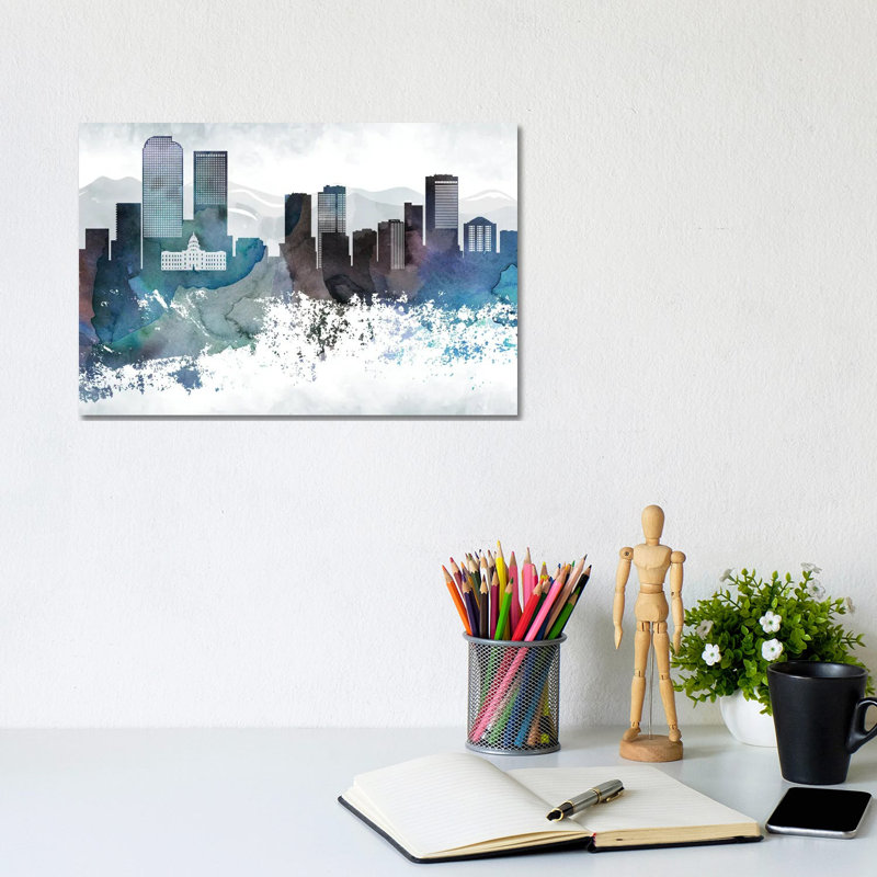 Denver Bluish Skyline - Wrapped Canvas Print, 20.32 cm H x 30.48 cm W