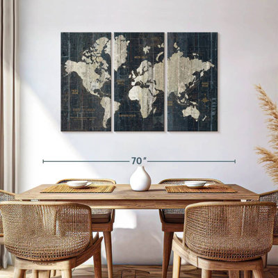 Carte du vieux monde en bleu sur toile, ensemble de 3 pièces