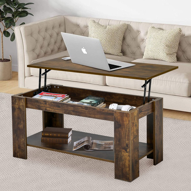 Coffee Table Wooden Lift Tabletop Dining Table with Hidden Storage Shelf for Living Room Home, Brown