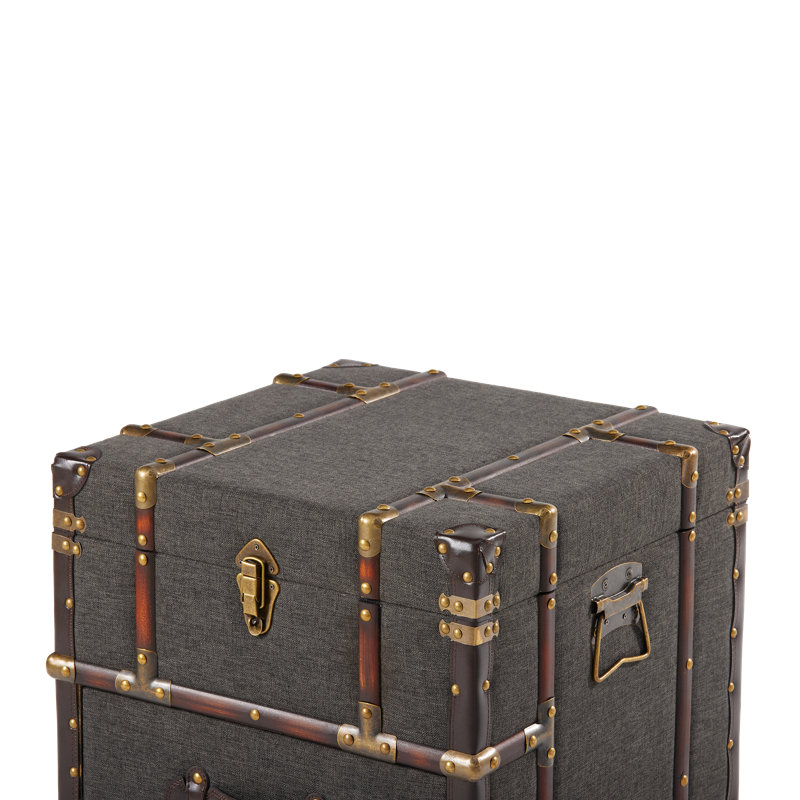 Lannigan Vintage Storage Chest with Buckle Hinged Top, Linen Accent End Side Table