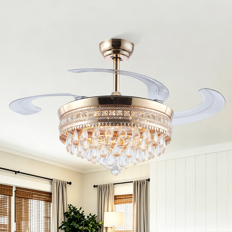 Ventilateur de plafond 48 "rétractable en cristal avec lumières DEL et télécommande, Gold