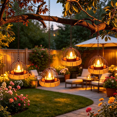 Solar Hanging Lanterns Outdoor Waterproof, Decorative Ball Candle Holder with Flickering Solar Powered Tea Lights, Rechargeable Solar Lights for Backyard Patio Garden Fence Tree Decor