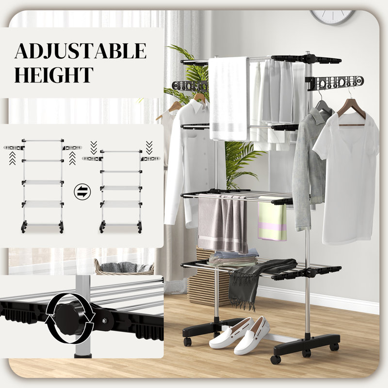 Séchoir à vêtements à 4 niveaux avec roulettes pour l'intérieur et l'extérieur