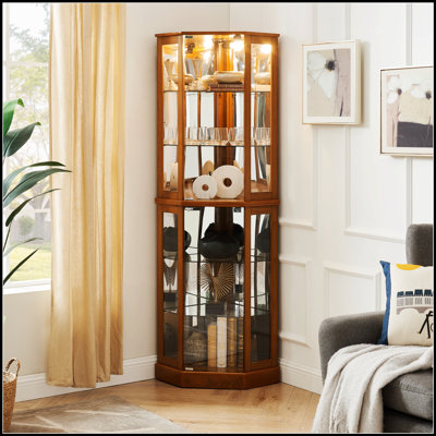 Vitrine de coin à 6 tablettes avec lumières, miroirs et tablettes réglables pour une décoration intérieure élégante